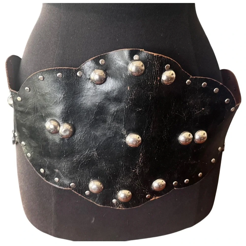 Vintage Handmade Black Leather‎ Celestial Moon Nude Lady Studded Wide Waist Belt
